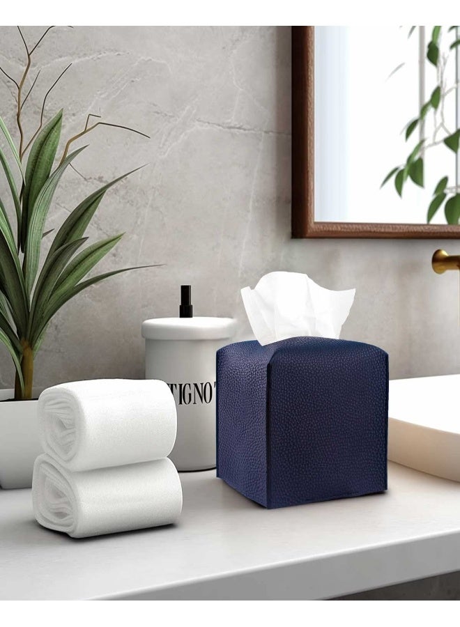 JESMINI Tissue Box Cover Square Leather - Tissue Box Holder with Bottom Belt [JESMINI, Navy Blue] Decorative Cube Tissue Holder for Bathroom - Image 5